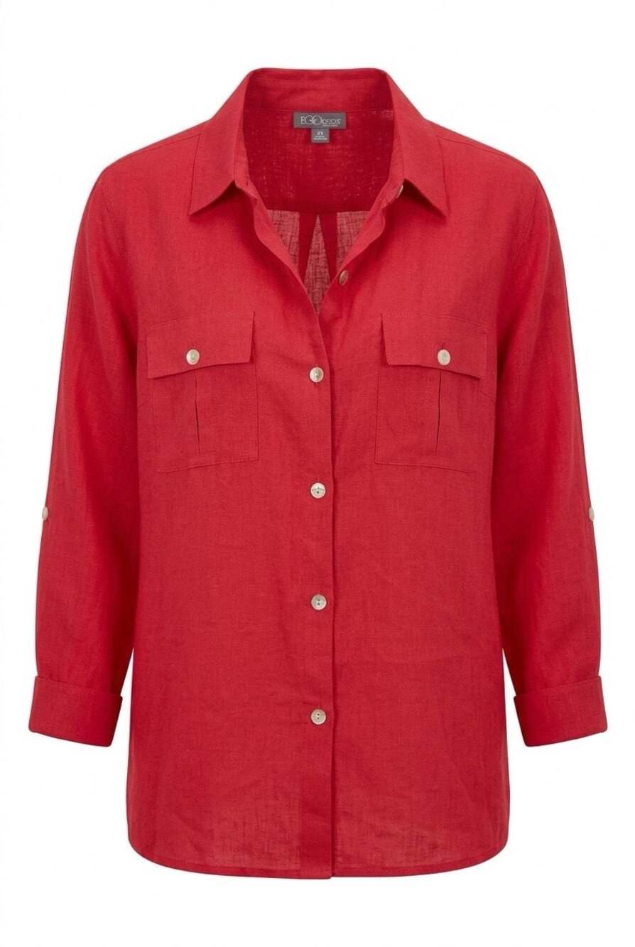 Go Silk Woman Red Linen Roll-Tab Sleeve Button Down Shirt Size 2X
